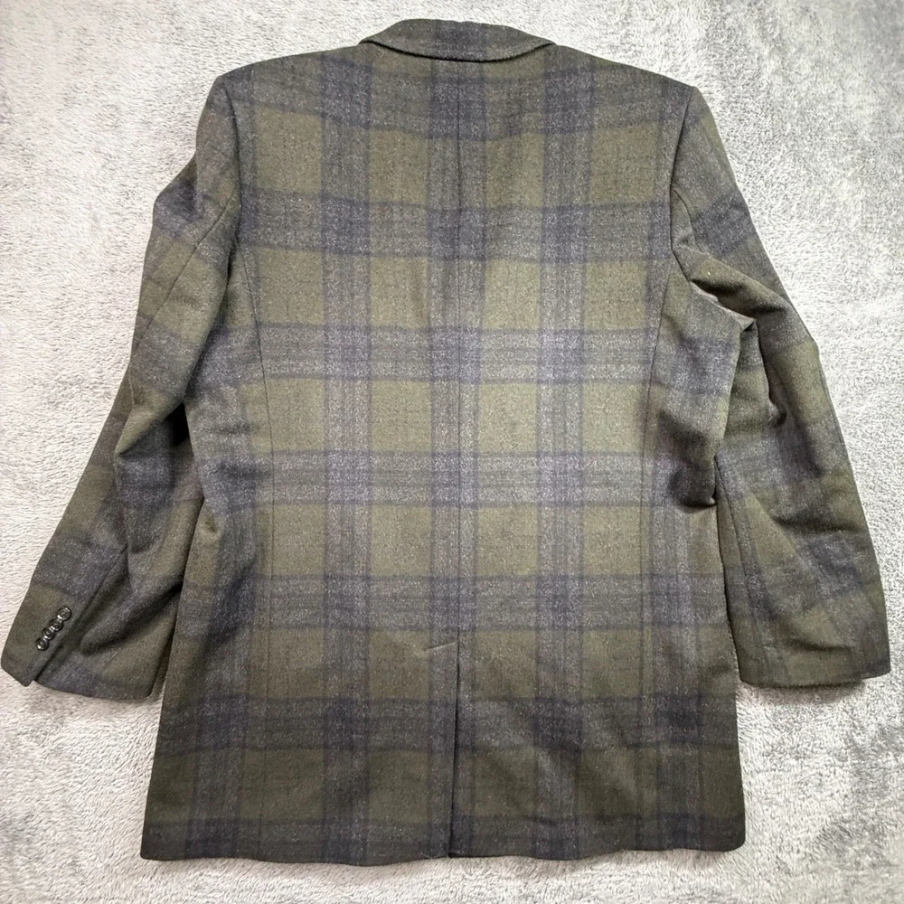 Jos A Bank 1905 Shadow Plaid Green Long Coat Wool Blend Mens 48R Tailored Fit